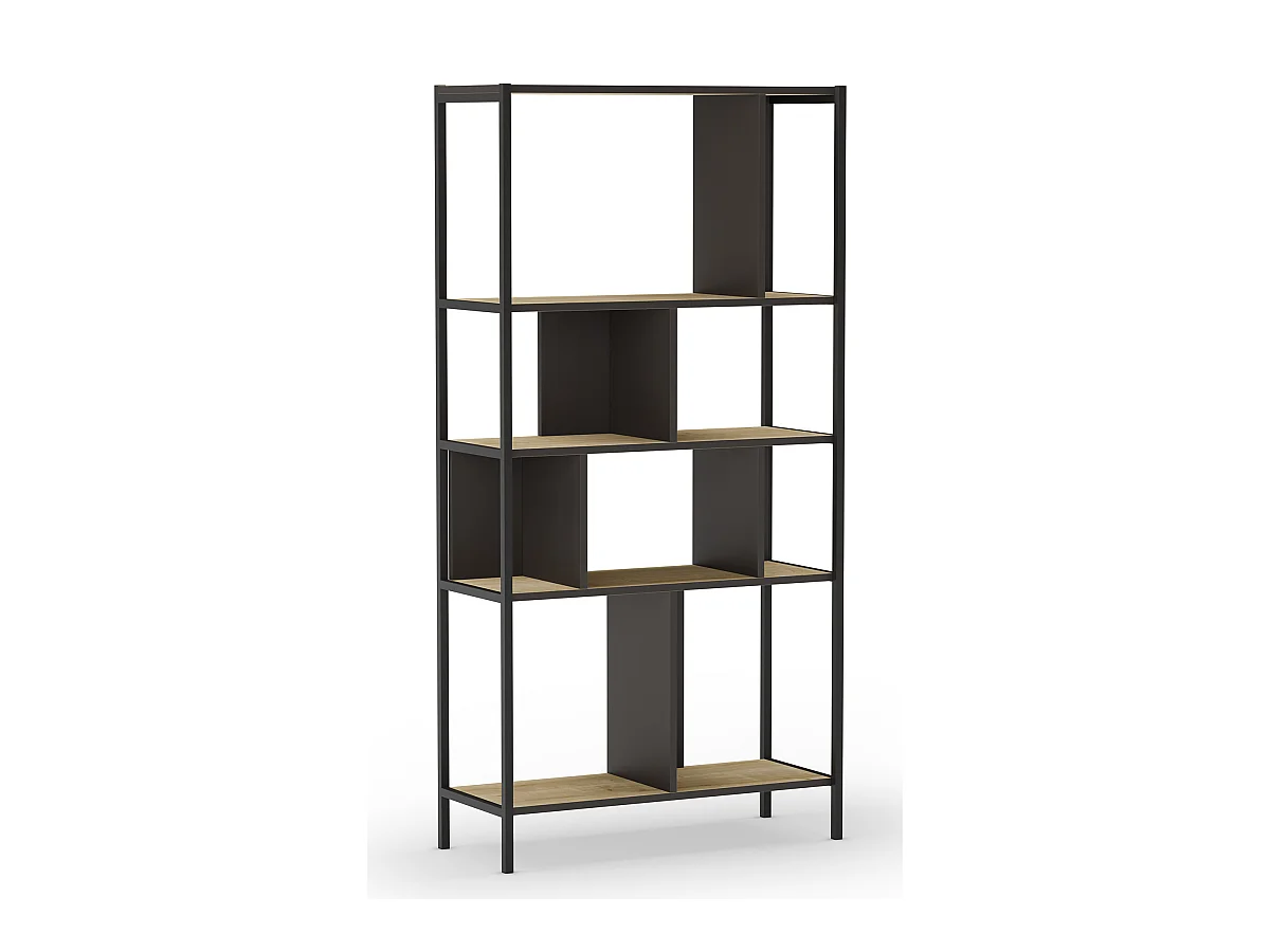 Bibliothèque, meuble étagère aspect bois coloris chêne et métal noir - Longueur 88 x Profondeur 35 x Hauteur 175 cm