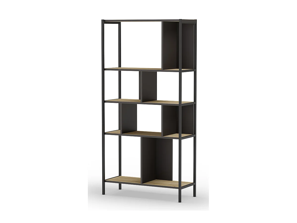 Bibliothèque, meuble étagère aspect bois coloris chêne et métal noir - Longueur 88 x Profondeur 35 x Hauteur 175 cm