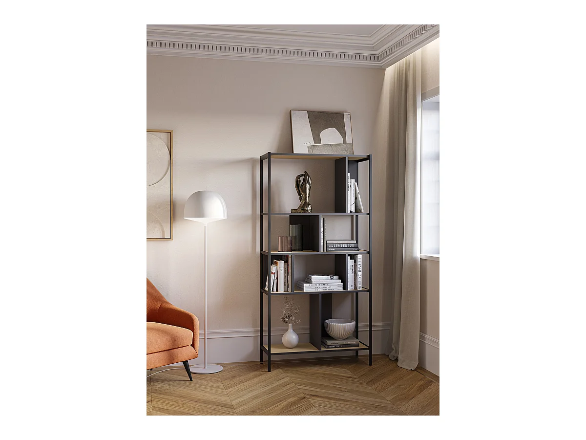 Bibliothèque, meuble étagère aspect bois coloris chêne et métal noir - Longueur 88 x Profondeur 35 x Hauteur 175 cm