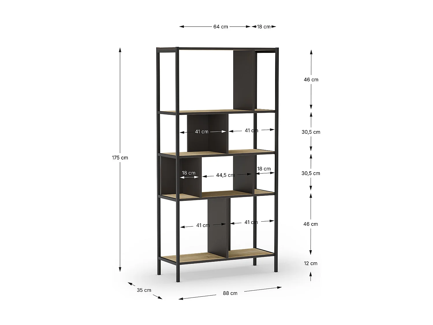 Bibliothèque, meuble étagère aspect bois coloris chêne et métal noir - Longueur 88 x Profondeur 35 x Hauteur 175 cm
