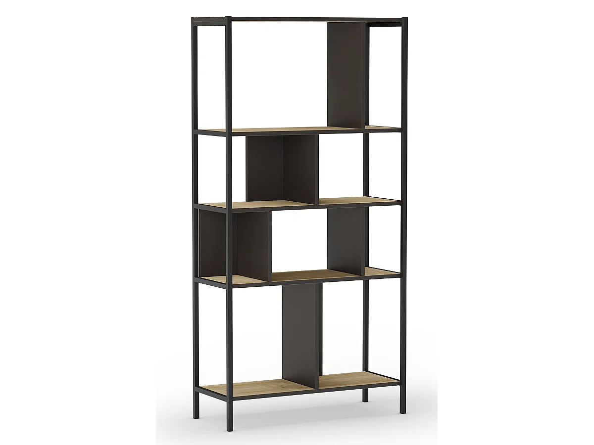 Bibliothèque, meuble étagère aspect bois coloris chêne et métal noir - Longueur 88 x Profondeur 35 x Hauteur 175 cm