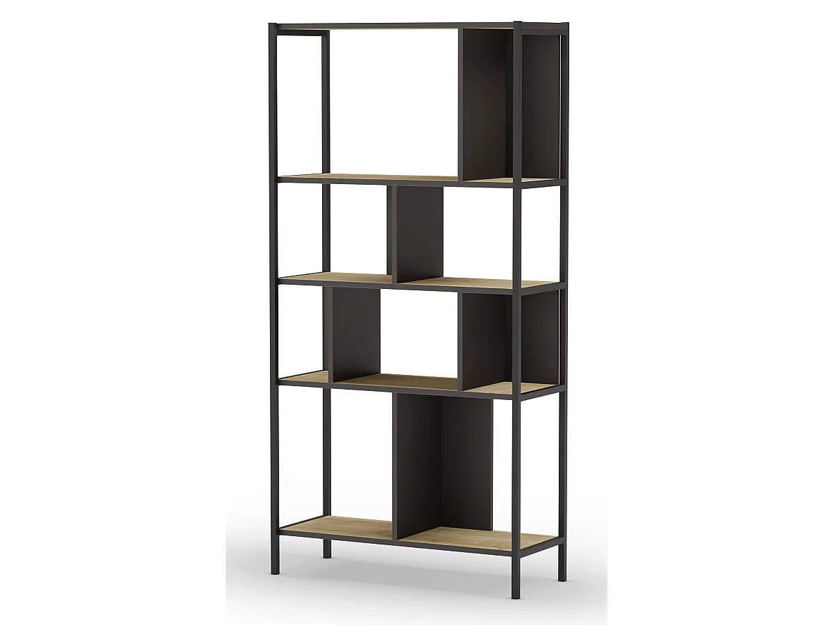 Bibliothèque, meuble étagère aspect bois coloris chêne et métal noir - Longueur 88 x Profondeur 35 x Hauteur 175 cm