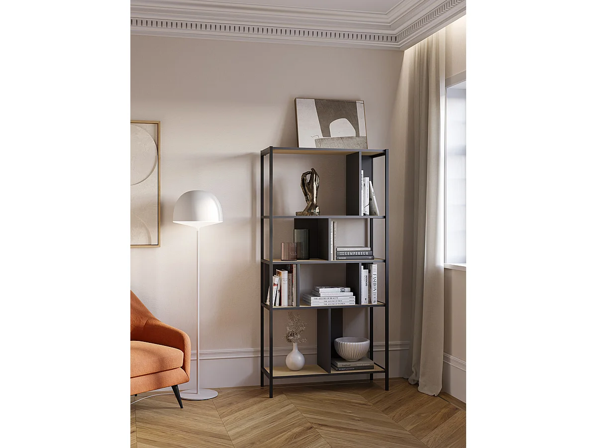 Bibliothèque, meuble étagère aspect bois coloris chêne et métal noir - Longueur 88 x Profondeur 35 x Hauteur 175 cm