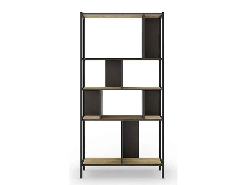 Bibliothèque, meuble étagère aspect bois coloris chêne et métal noir - Longueur 88 x Profondeur 35 x Hauteur 175 cm