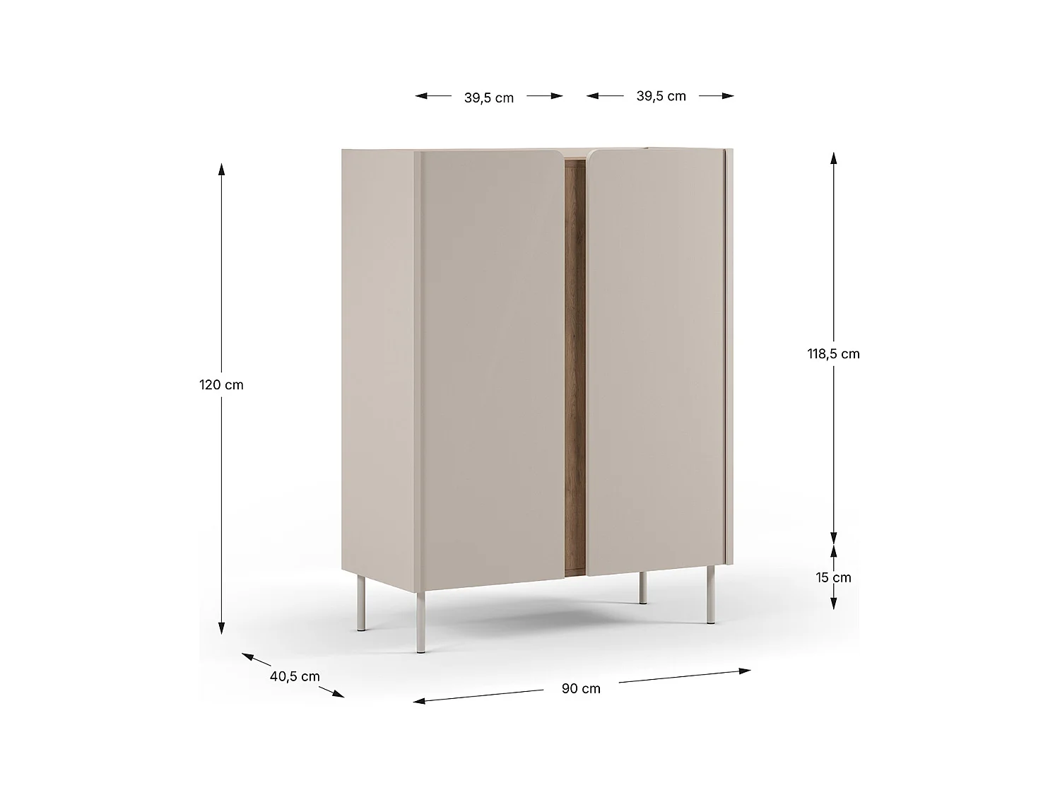 Buffet, meuble de rangement avec 2 portes aspect bois coloris crème, chêne et pieds en métal - Longueur 90 x Profondeur 40,50 x Hauteur 120 cm