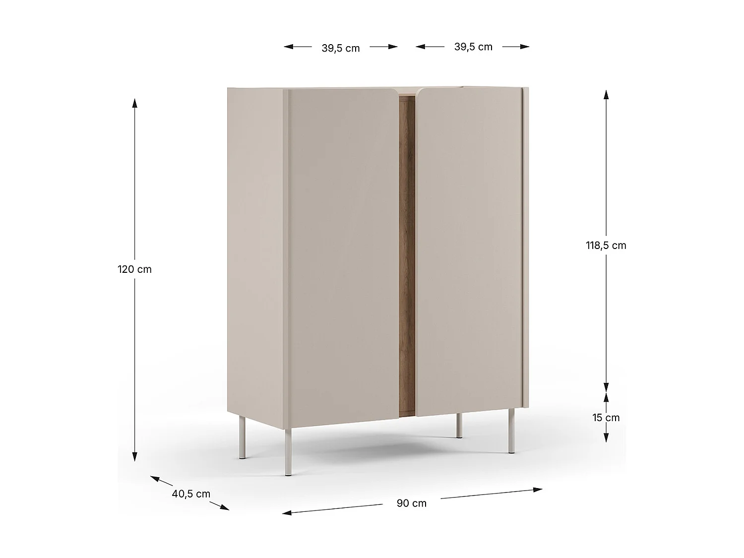 Buffet, meuble de rangement avec 2 portes aspect bois coloris crème, chêne et pieds en métal - Longueur 90 x Profondeur 40,50 x Hauteur 120 cm