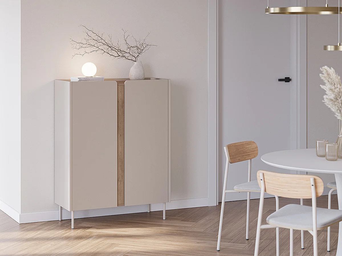 Buffet, meuble de rangement avec 2 portes aspect bois coloris crème, chêne et pieds en métal - Longueur 90 x Profondeur 40,50 x Hauteur 120 cm