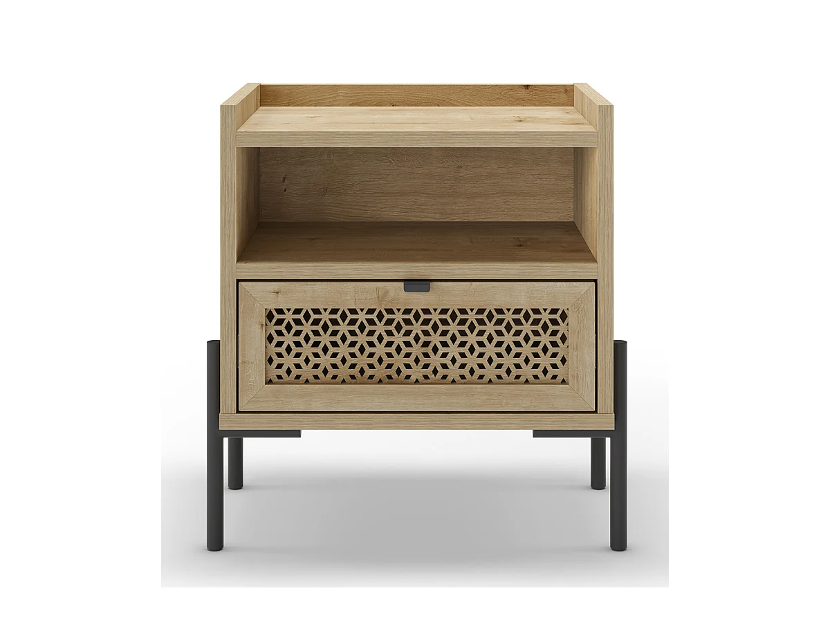 Table de nuit, table de chevet avec 1 tiroir aspect bois coloris chêne et pieds en métal noir - Longueur 48,9 x Profondeur 35 x Hauteur 52,60 cm