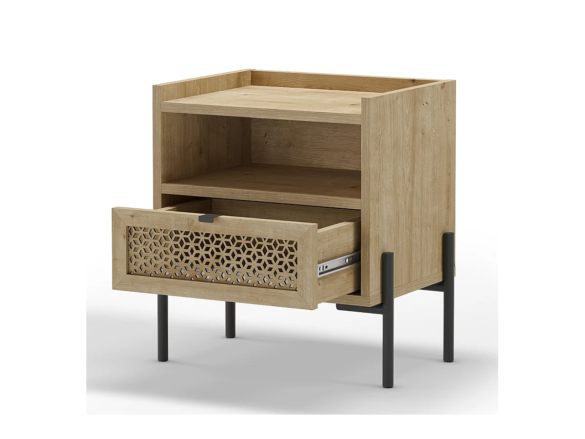 Table de nuit, table de chevet avec 1 tiroir aspect bois coloris chêne et pieds en métal noir - Longueur 48,9 x Profondeur 35 x Hauteur 52,60 cm