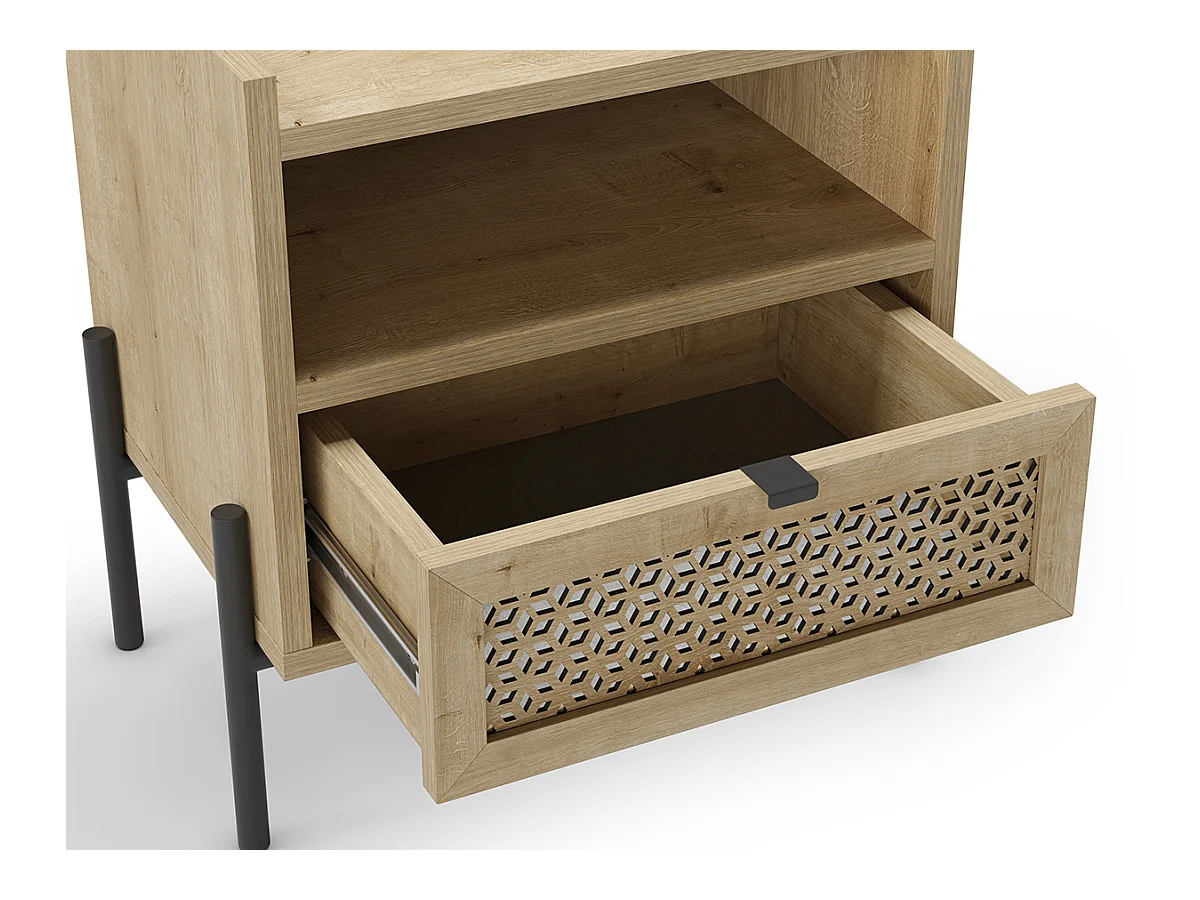 Table de nuit, table de chevet avec 1 tiroir aspect bois coloris chêne et pieds en métal noir - Longueur 48,9 x Profondeur 35 x Hauteur 52,60 cm