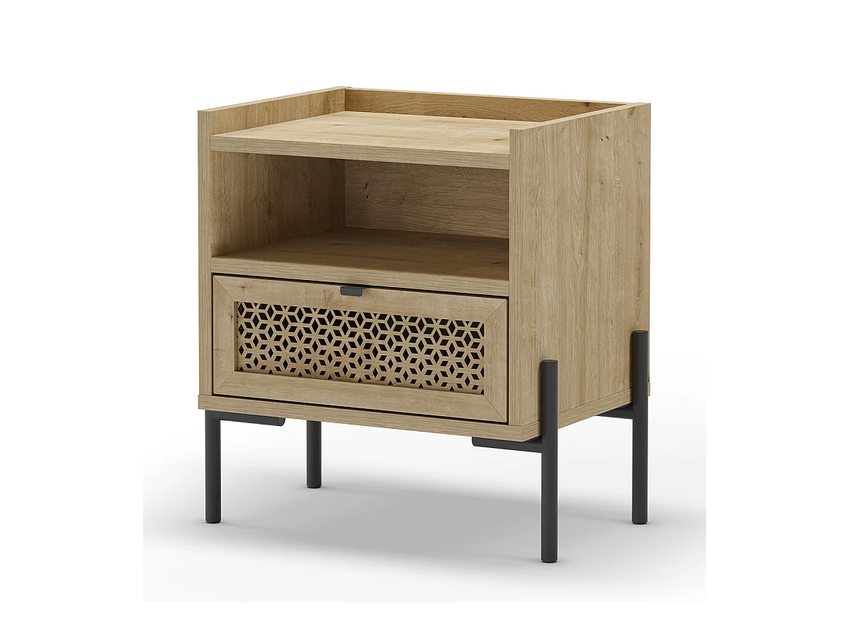 Table de nuit, table de chevet avec 1 tiroir aspect bois coloris chêne et pieds en métal noir - Longueur 48,9 x Profondeur 35 x Hauteur 52,60 cm