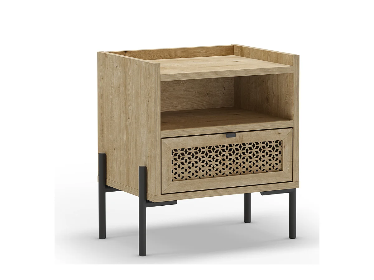 Table de nuit, table de chevet avec 1 tiroir aspect bois coloris chêne et pieds en métal noir - Longueur 48,9 x Profondeur 35 x Hauteur 52,60 cm