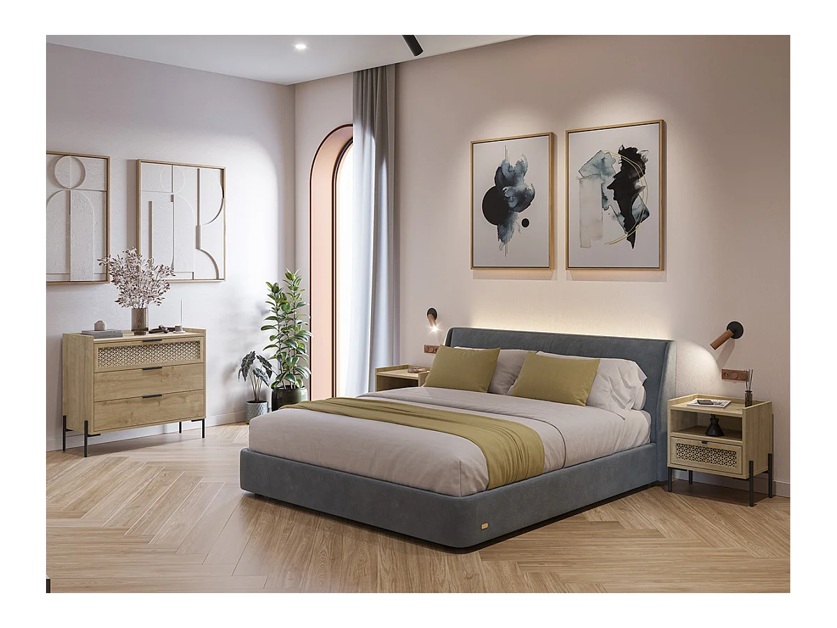 Table de nuit, table de chevet avec 1 tiroir aspect bois coloris chêne et pieds en métal noir - Longueur 48,9 x Profondeur 35 x Hauteur 52,60 cm