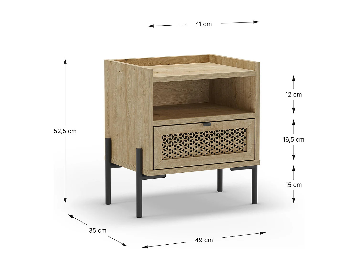 Table de nuit, table de chevet avec 1 tiroir aspect bois coloris chêne et pieds en métal noir - Longueur 48,9 x Profondeur 35 x Hauteur 52,60 cm