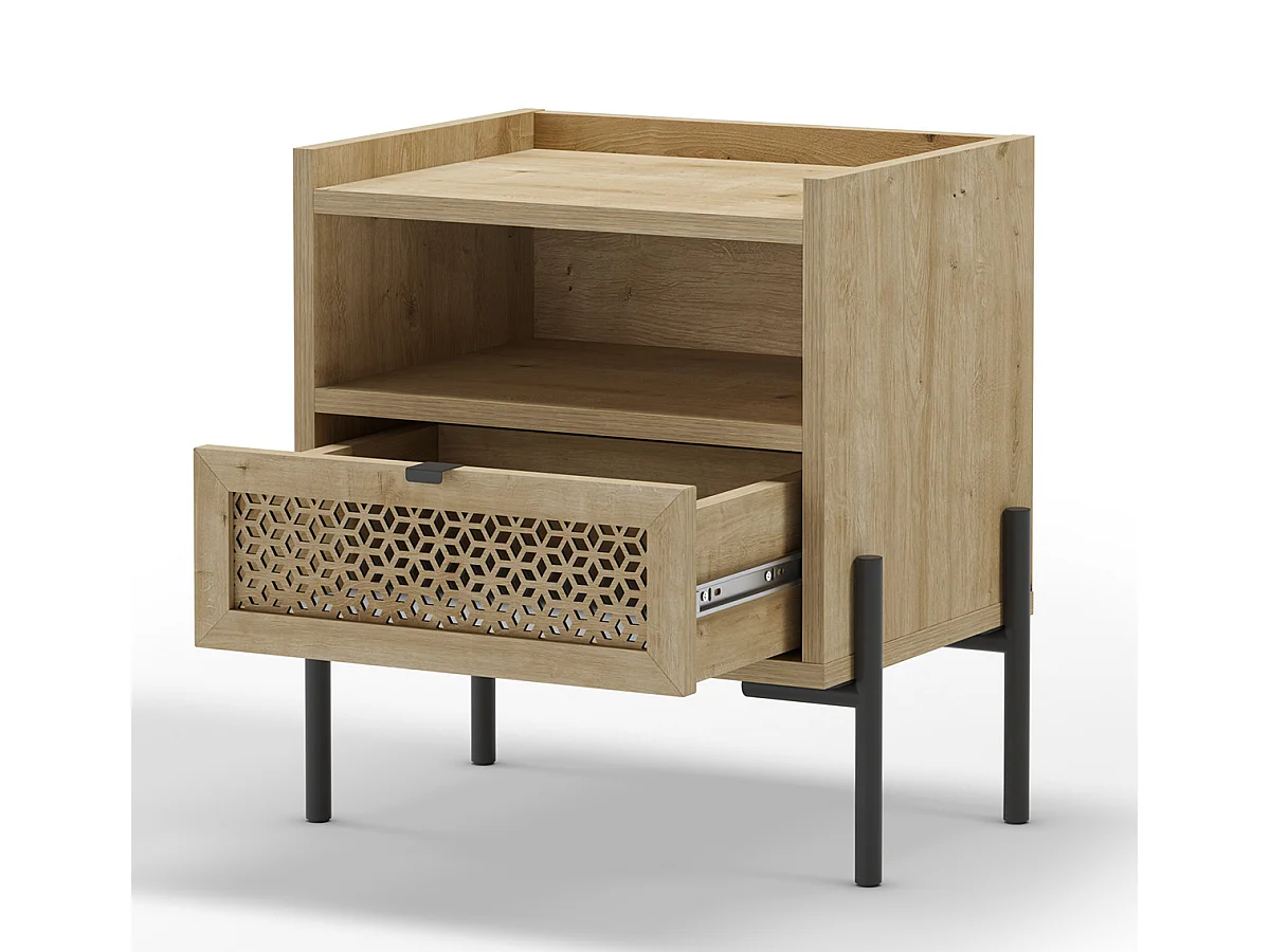 Table de nuit, table de chevet avec 1 tiroir aspect bois coloris chêne et pieds en métal noir - Longueur 48,9 x Profondeur 35 x Hauteur 52,60 cm