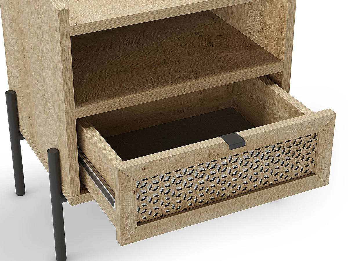 Table de nuit, table de chevet avec 1 tiroir aspect bois coloris chêne et pieds en métal noir - Longueur 48,9 x Profondeur 35 x Hauteur 52,60 cm