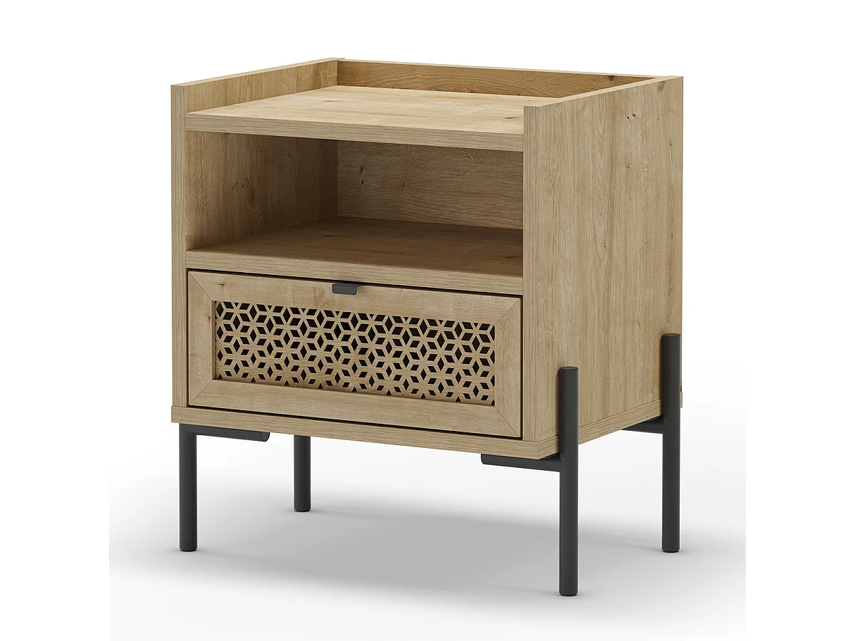 Table de nuit, table de chevet avec 1 tiroir aspect bois coloris chêne et pieds en métal noir - Longueur 48,9 x Profondeur 35 x Hauteur 52,60 cm