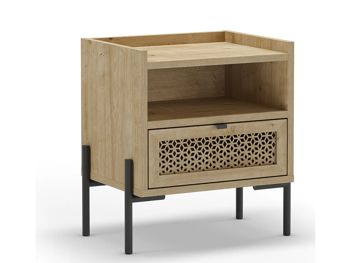 Table de nuit, table de chevet avec 1 tiroir aspect bois coloris chêne et pieds en métal noir - Longueur 48,9 x Profondeur 35 x Hauteur 52,60 cm