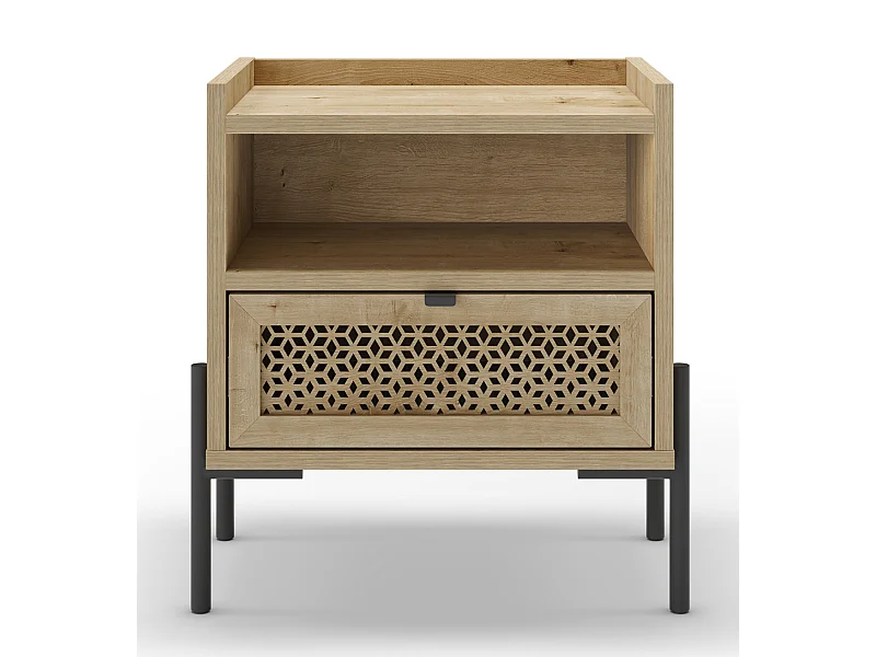 Table de nuit, table de chevet avec 1 tiroir aspect bois coloris chêne et pieds en métal noir - Longueur 48,9 x Profondeur 35 x Hauteur 52,60 cm