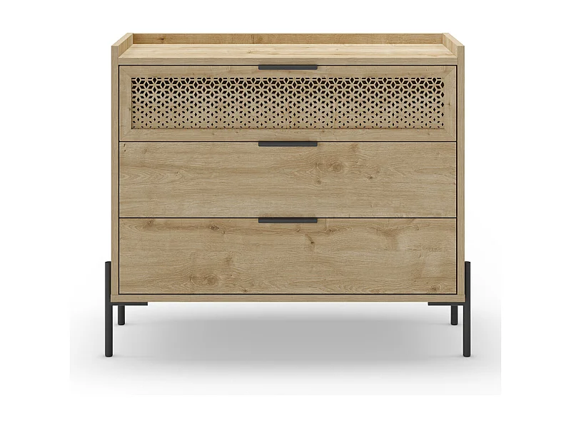Commode, meuble de rangement avec 3 tiroirs aspect bois coloris chêne, pieds en métal noir -Longueur 90 x Profondeur 40 x Hauteur 80 cm