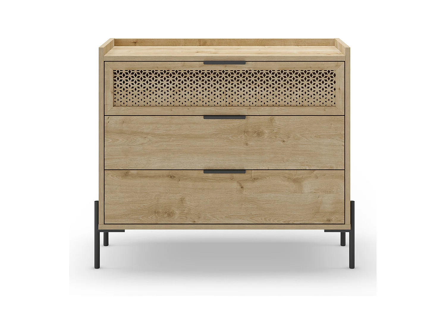 Commode, meuble de rangement avec 3 tiroirs aspect bois coloris chêne, pieds en métal noir -Longueur 90 x Profondeur 40 x Hauteur 80 cm