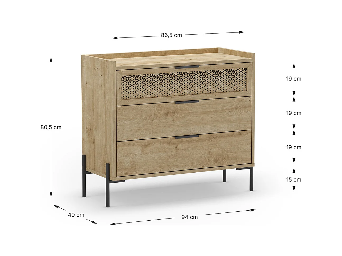 Commode, meuble de rangement avec 3 tiroirs aspect bois coloris chêne, pieds en métal noir -Longueur 90 x Profondeur 40 x Hauteur 80 cm