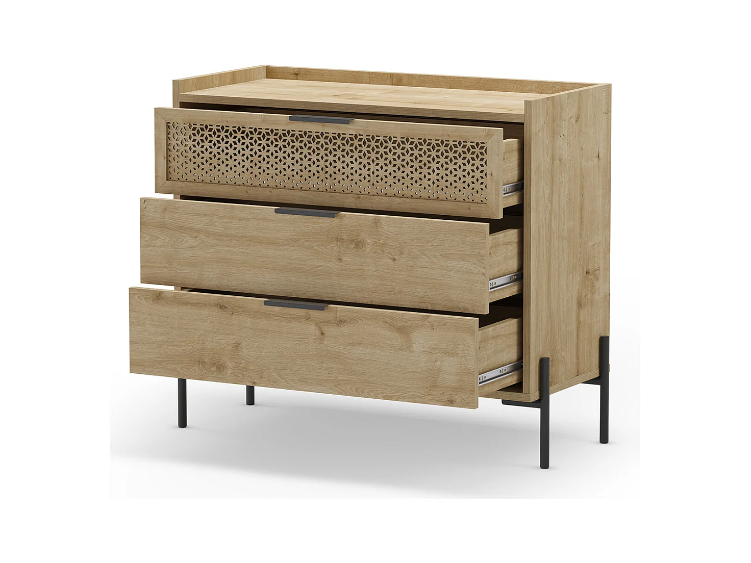 Commode, meuble de rangement avec 3 tiroirs aspect bois coloris chêne, pieds en métal noir -Longueur 90 x Profondeur 40 x Hauteur 80 cm