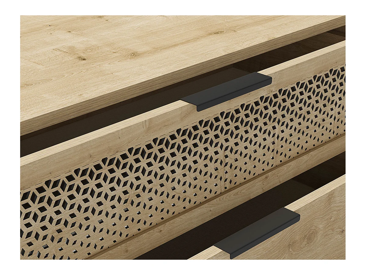 Commode, meuble de rangement avec 3 tiroirs aspect bois coloris chêne, pieds en métal noir -Longueur 90 x Profondeur 40 x Hauteur 80 cm