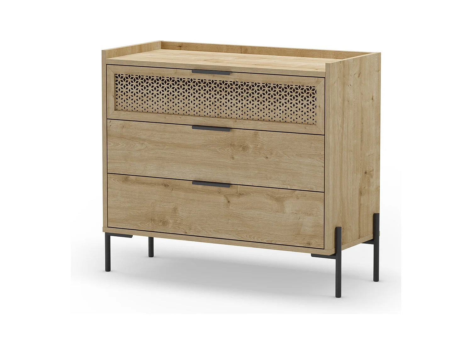 Commode, meuble de rangement avec 3 tiroirs aspect bois coloris chêne, pieds en métal noir -Longueur 90 x Profondeur 40 x Hauteur 80 cm