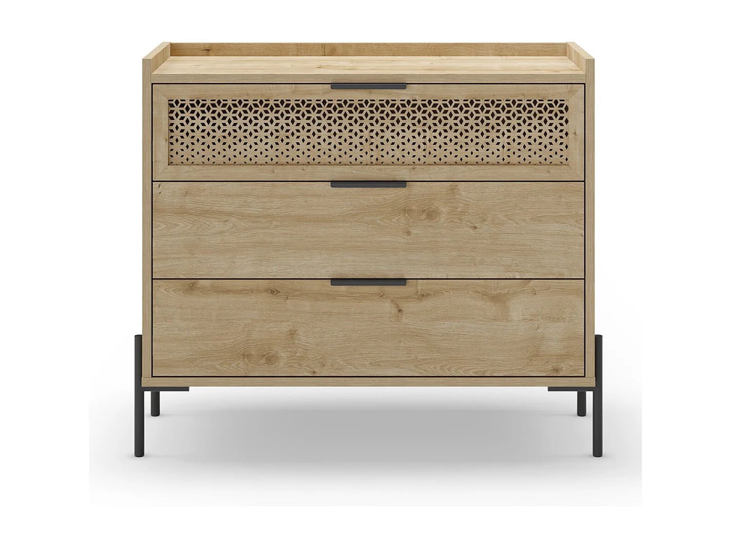 Commode, meuble de rangement avec 3 tiroirs aspect bois coloris chêne, pieds en métal noir -Longueur 90 x Profondeur 40 x Hauteur 80 cm