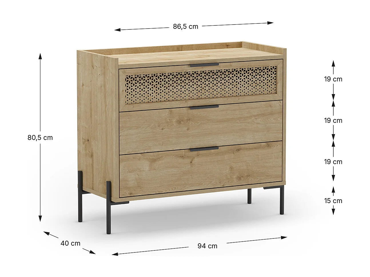 Commode, meuble de rangement avec 3 tiroirs aspect bois coloris chêne, pieds en métal noir -Longueur 90 x Profondeur 40 x Hauteur 80 cm