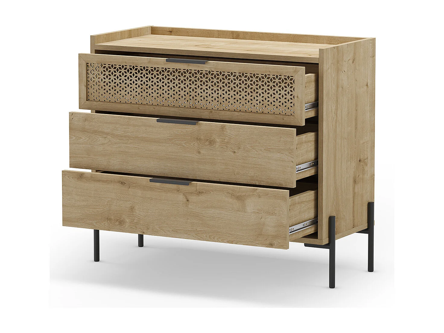 Commode, meuble de rangement avec 3 tiroirs aspect bois coloris chêne, pieds en métal noir -Longueur 90 x Profondeur 40 x Hauteur 80 cm