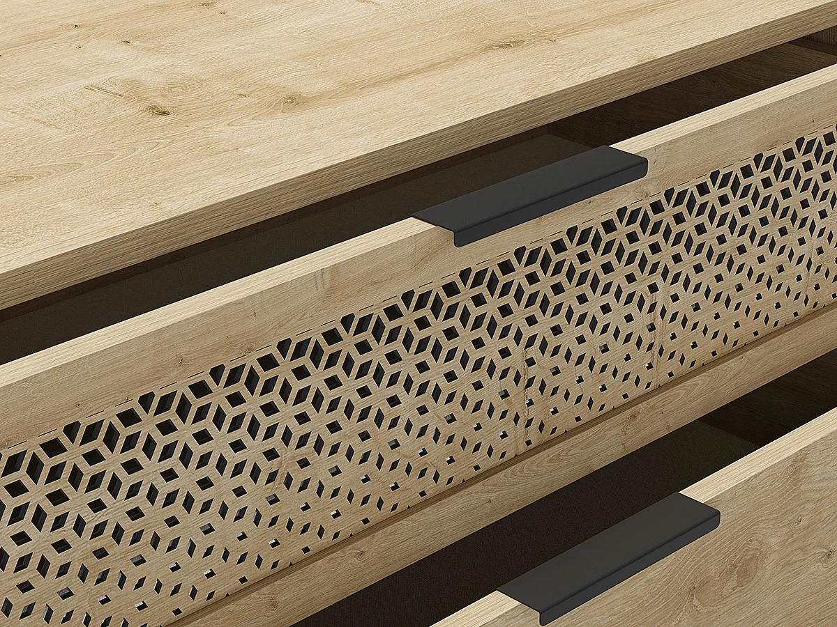 Commode, meuble de rangement avec 3 tiroirs aspect bois coloris chêne, pieds en métal noir -Longueur 90 x Profondeur 40 x Hauteur 80 cm