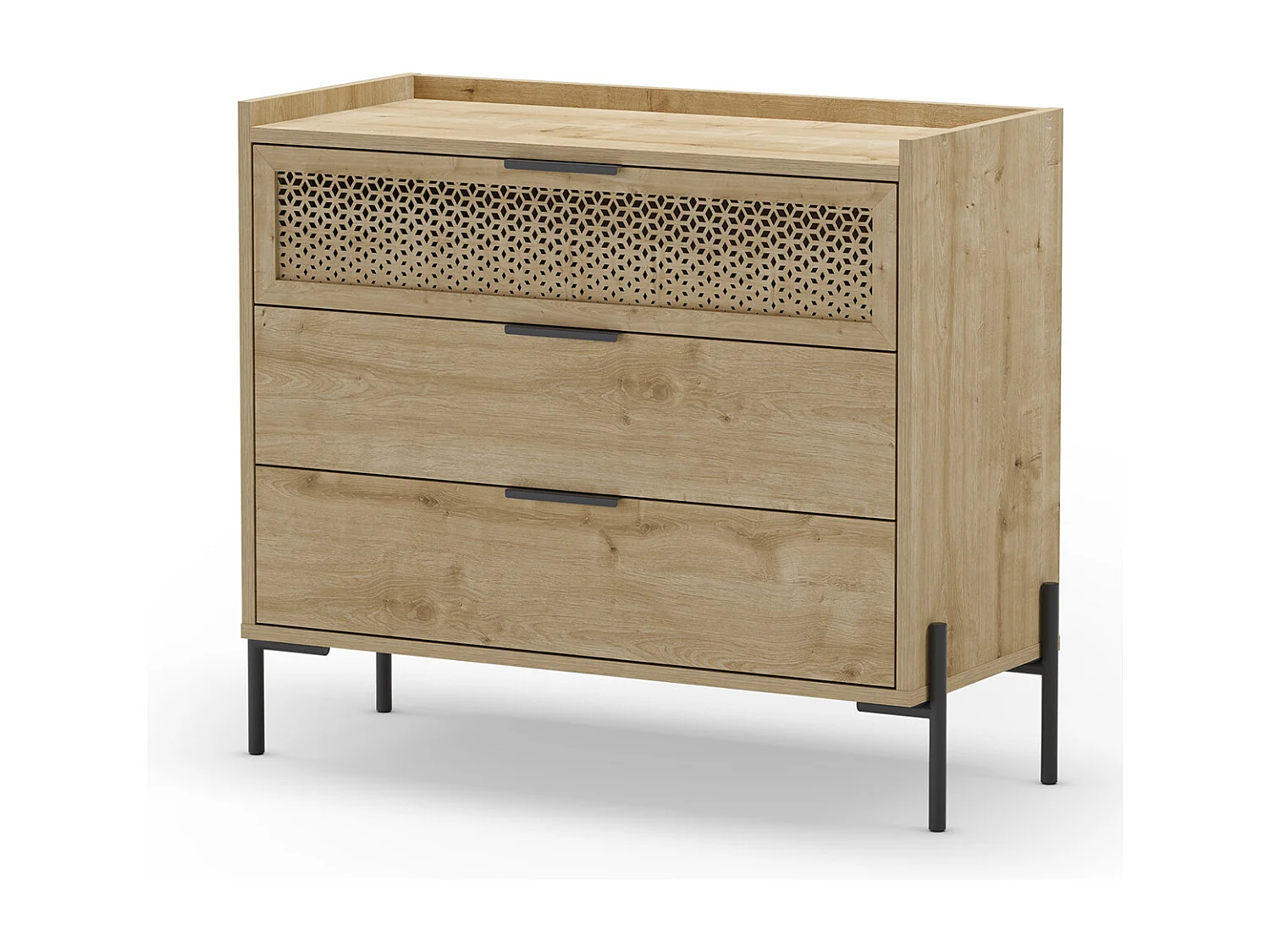 Commode, meuble de rangement avec 3 tiroirs aspect bois coloris chêne, pieds en métal noir -Longueur 90 x Profondeur 40 x Hauteur 80 cm