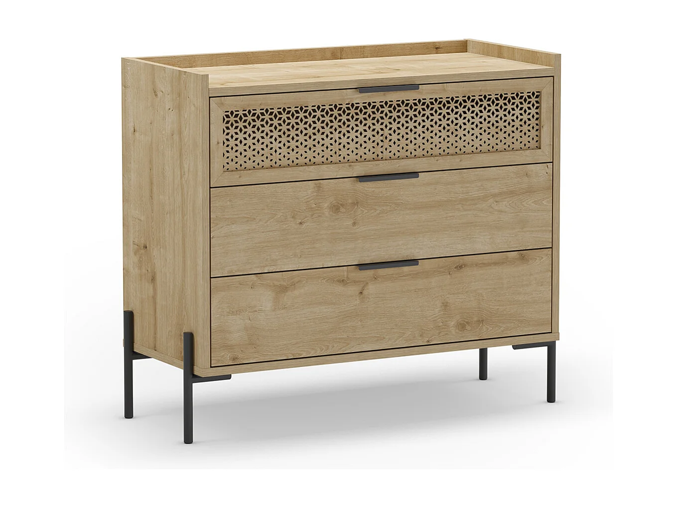Commode, meuble de rangement avec 3 tiroirs aspect bois coloris chêne, pieds en métal noir -Longueur 90 x Profondeur 40 x Hauteur 80 cm
