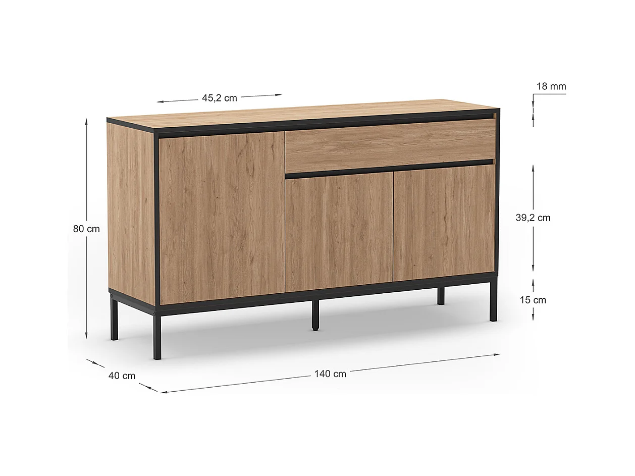 Meuble TV, Meuble de salon avec 3 portes et 1 tiroir aspect bois coloris naturel et pieds en métal noir - Longueur 140 x Profondeur 40 x Hauteur 80 cm