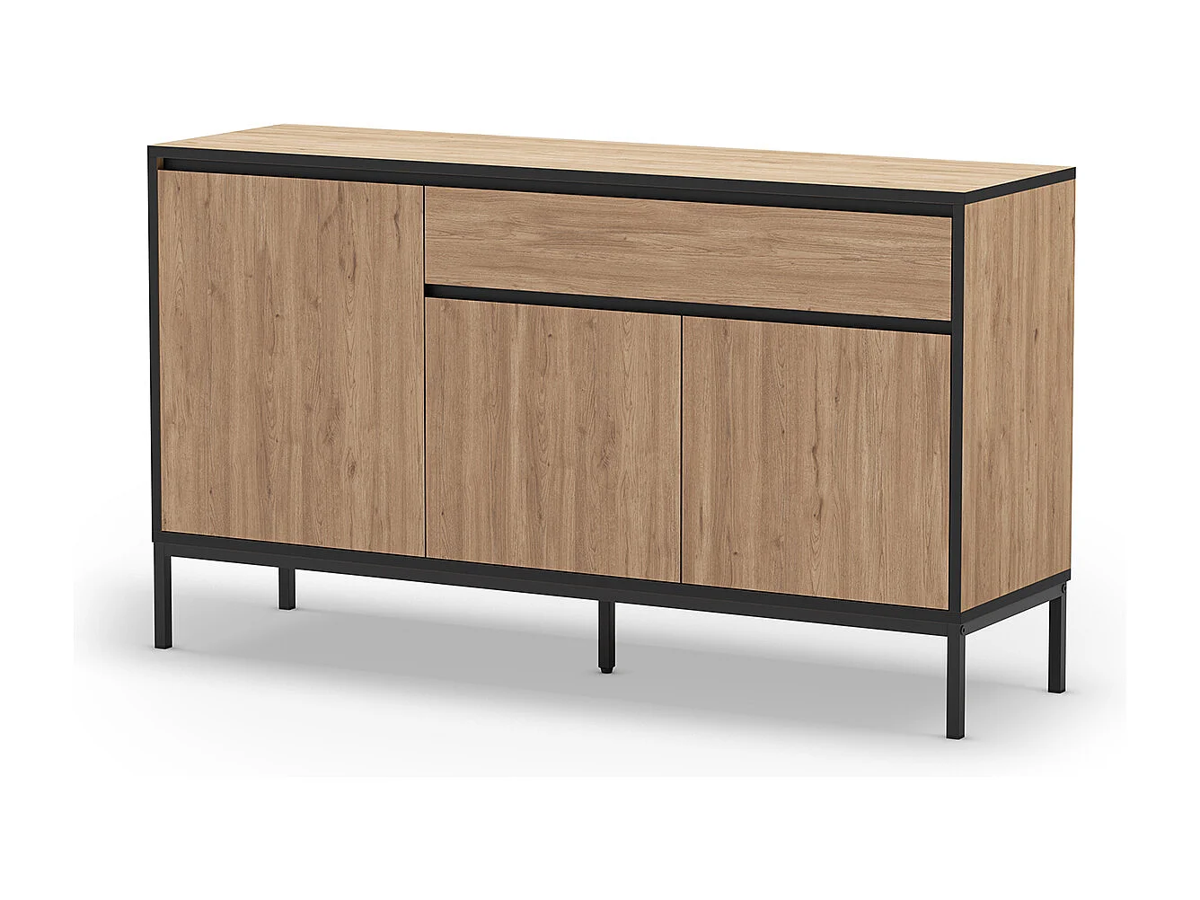 Meuble TV, Meuble de salon avec 3 portes et 1 tiroir aspect bois coloris naturel et pieds en métal noir - Longueur 140 x Profondeur 40 x Hauteur 80 cm