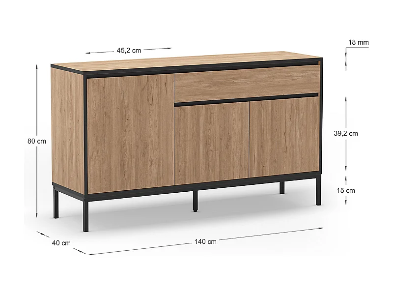 Meuble TV, Meuble de salon avec 3 portes et 1 tiroir aspect bois coloris naturel et pieds en métal noir - Longueur 140 x Profondeur 40 x Hauteur 80 cm
