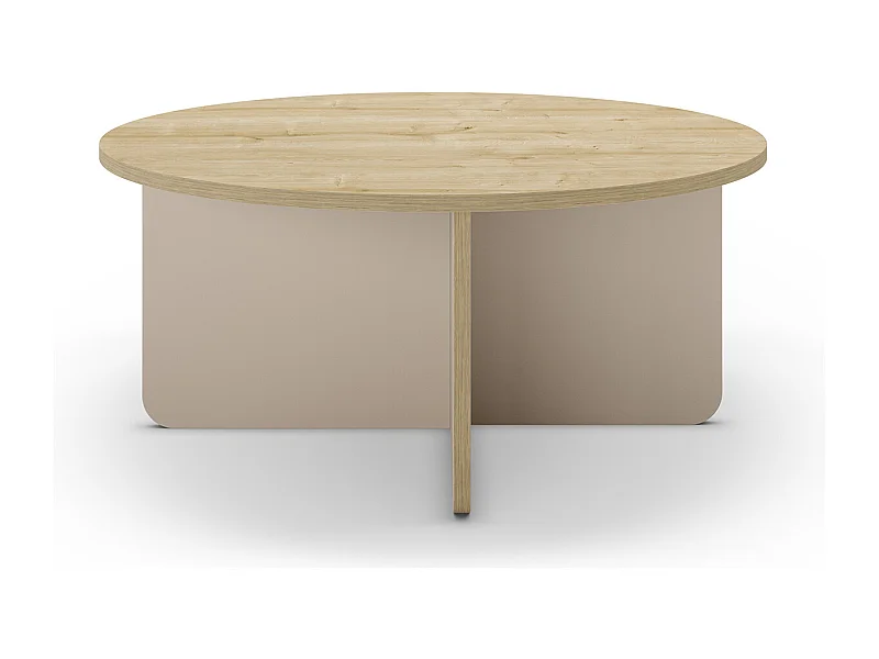 Table basse, table de salon ronde aspect bois coloris chêne, pieds coloris crème  - diamètre 80 x Hauteur 38 cm