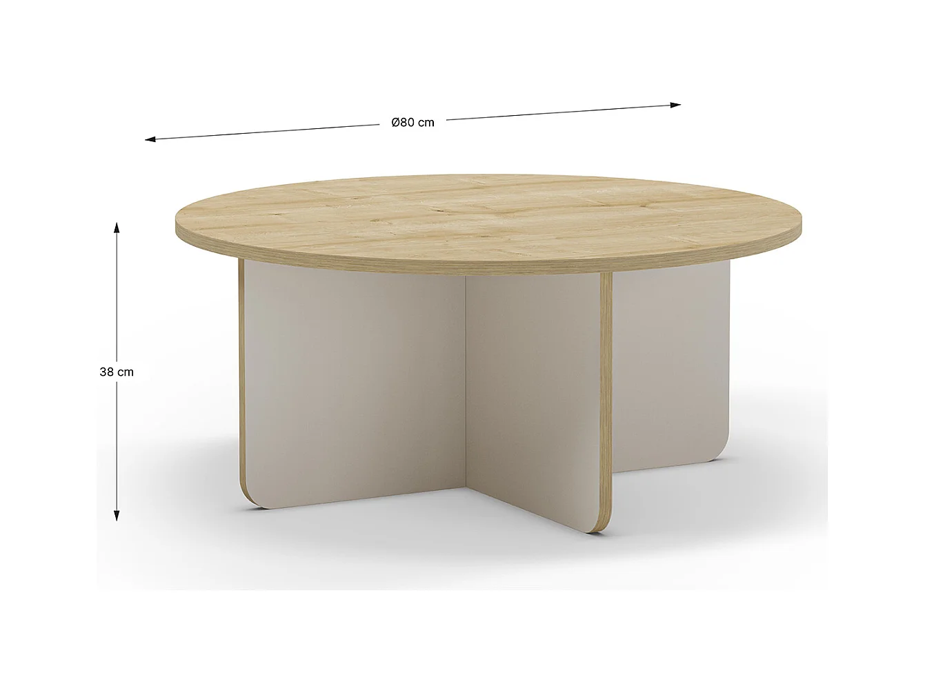 Table basse, table de salon ronde aspect bois coloris chêne, pieds coloris crème  - diamètre 80 x Hauteur 38 cm