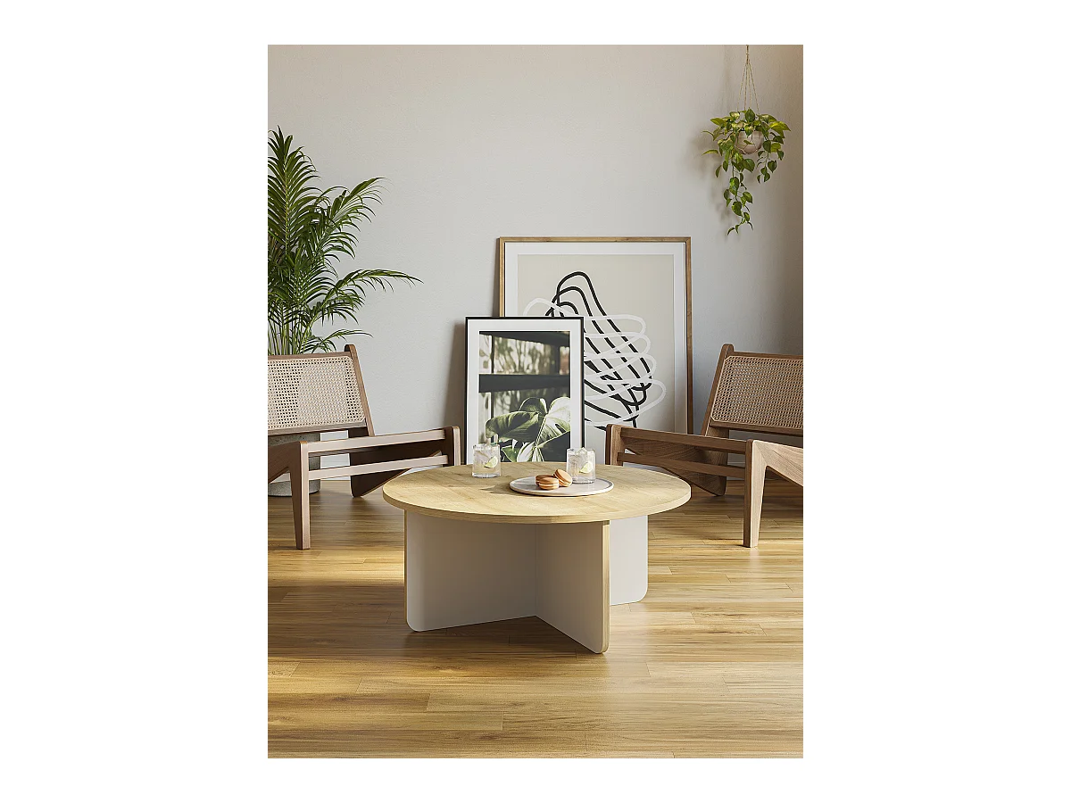 Table basse, table de salon ronde aspect bois coloris chêne, pieds coloris crème  - diamètre 80 x Hauteur 38 cm