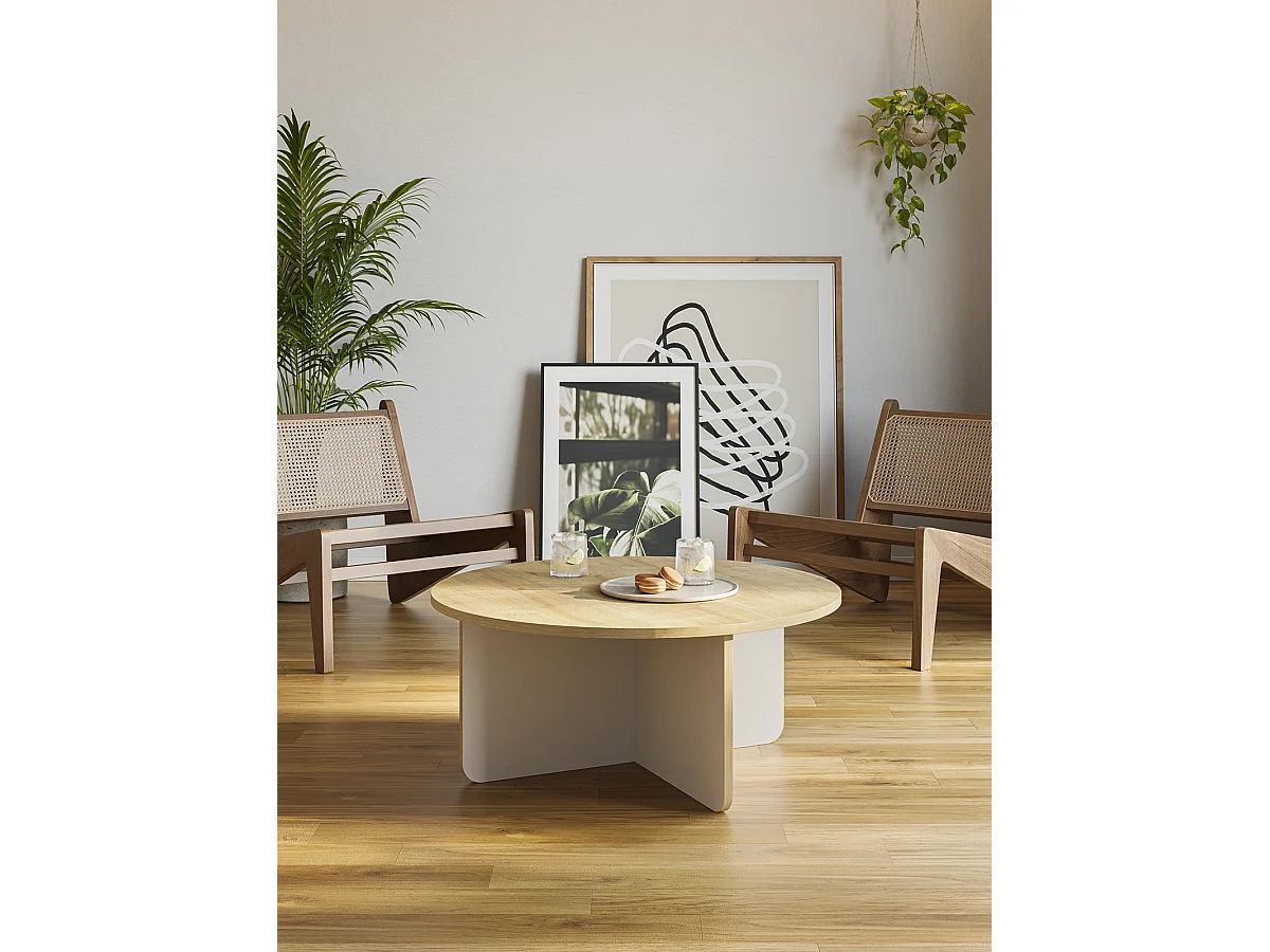 Table basse, table de salon ronde aspect bois coloris chêne, pieds coloris crème  - diamètre 80 x Hauteur 38 cm