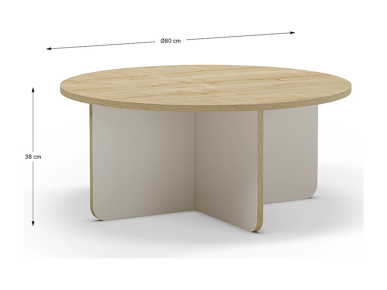 Table basse, table de salon ronde aspect bois coloris chêne, pieds coloris crème  - diamètre 80 x Hauteur 38 cm