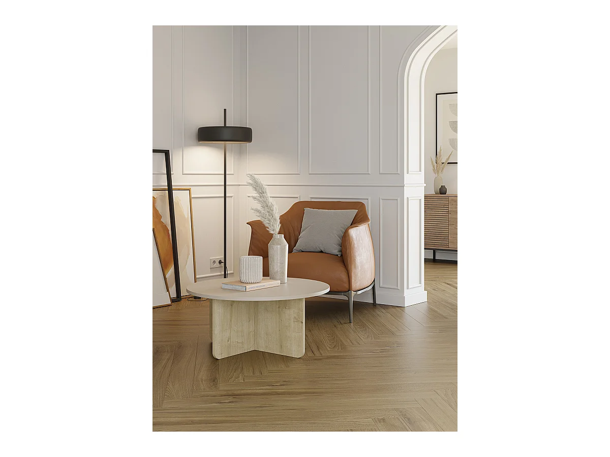 Table basse, table de salon ronde aspect bois coloris crème - diamètre 80 x Hauteur 38 cm