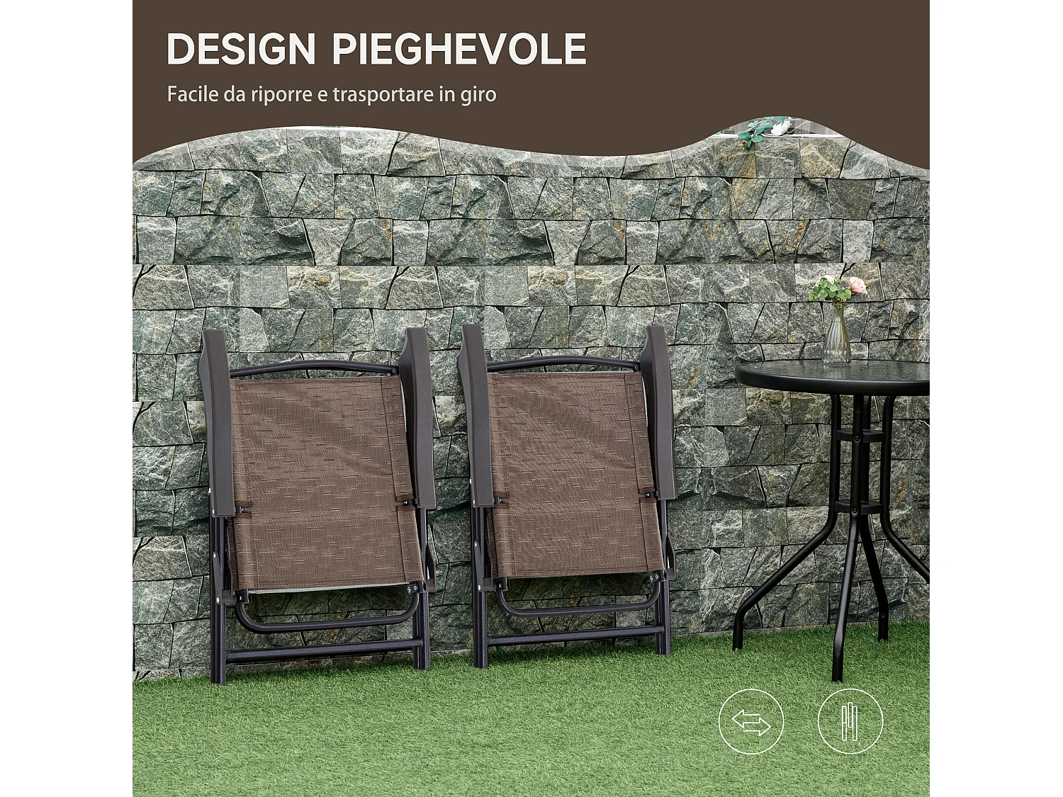 Set mobili da giardino 3 pezzi con tavolino e 2 sedie pieghevoli