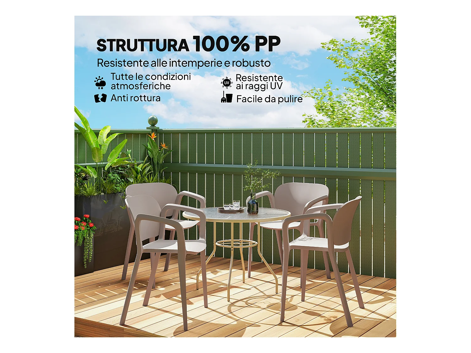 Set 4 sedie da giardino impilabili e moderne in plastica grigio