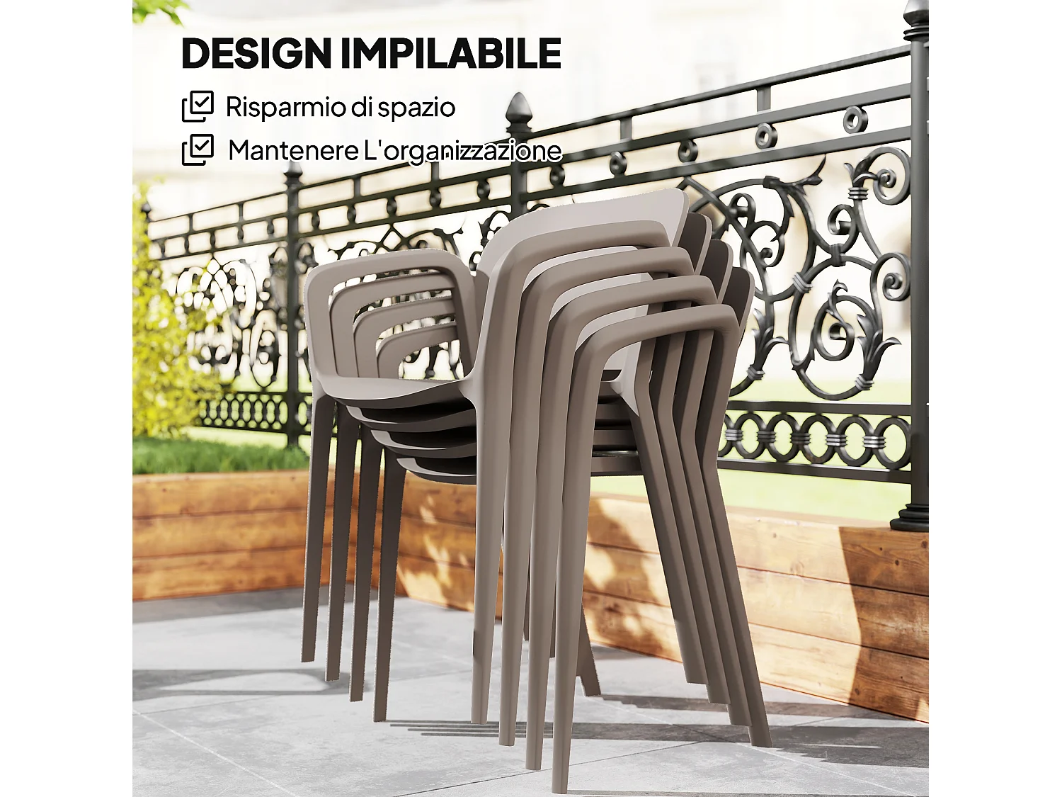 Set 4 sedie da giardino impilabili e moderne in plastica grigio