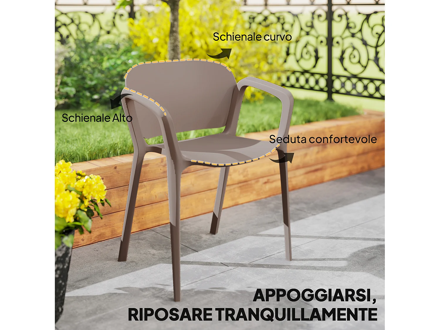 Set 4 sedie da giardino impilabili e moderne in plastica grigio