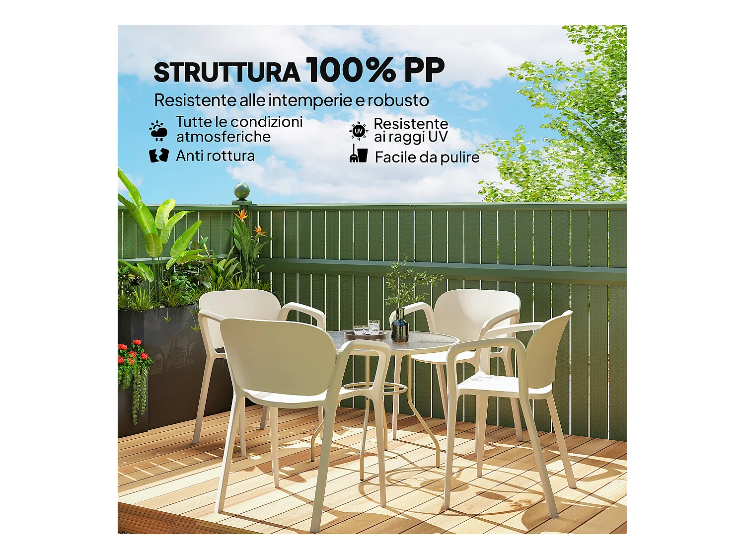 Set 4 sedie da giardino impilabili e moderne in pp bianco 60x56x75 cm