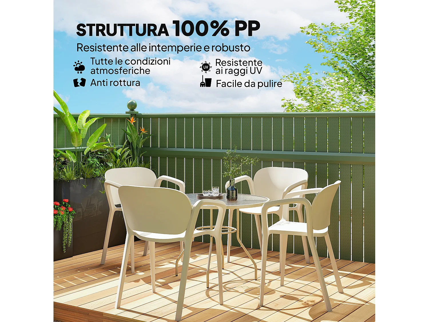 Set 4 sedie da giardino impilabili e moderne in pp bianco 60x56x75 cm